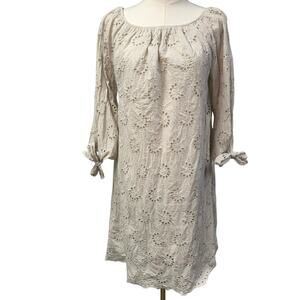 Valentina Naldi Made in Italy‎ Women L Grey Off Shoulder Eyelet Dress Tie Sleeve